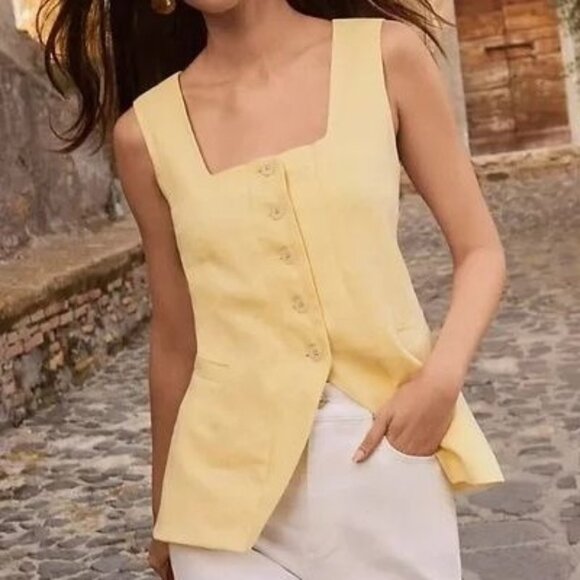 Loft Linen Blend Square Neck Button Front Yellow Lemon Brulee Vest Top Size L - Picture 1 of 10